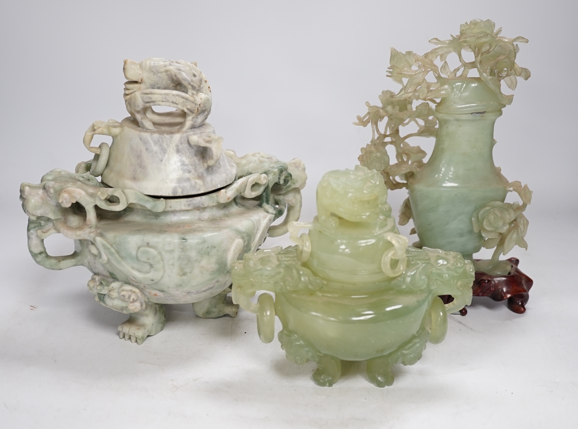 Five large Chinese hardstone and soapstone covered vases and censers and other carvings, largest 32cm. Condition - fair to good